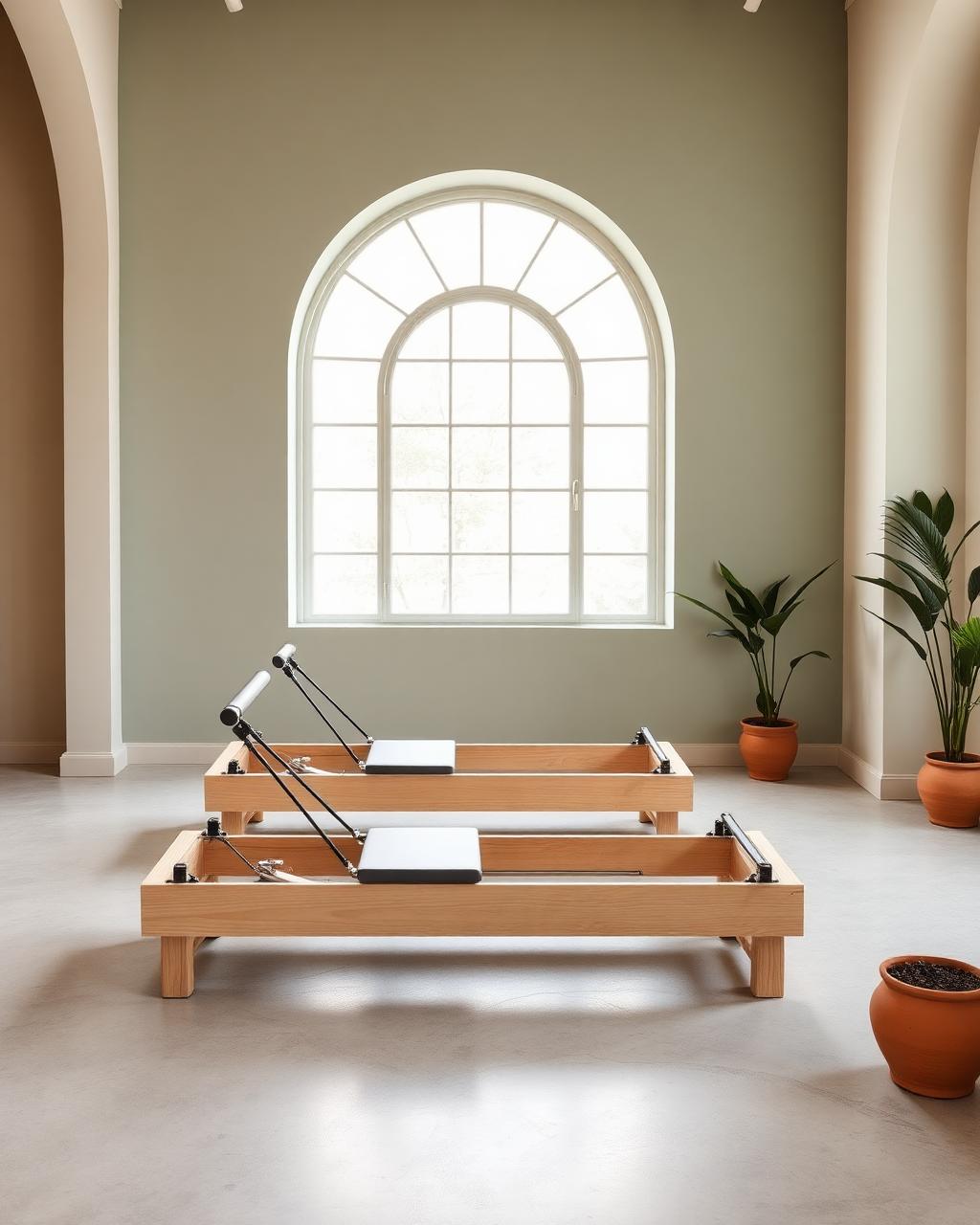 Sala de pilates com parede sálvia e janela arcada