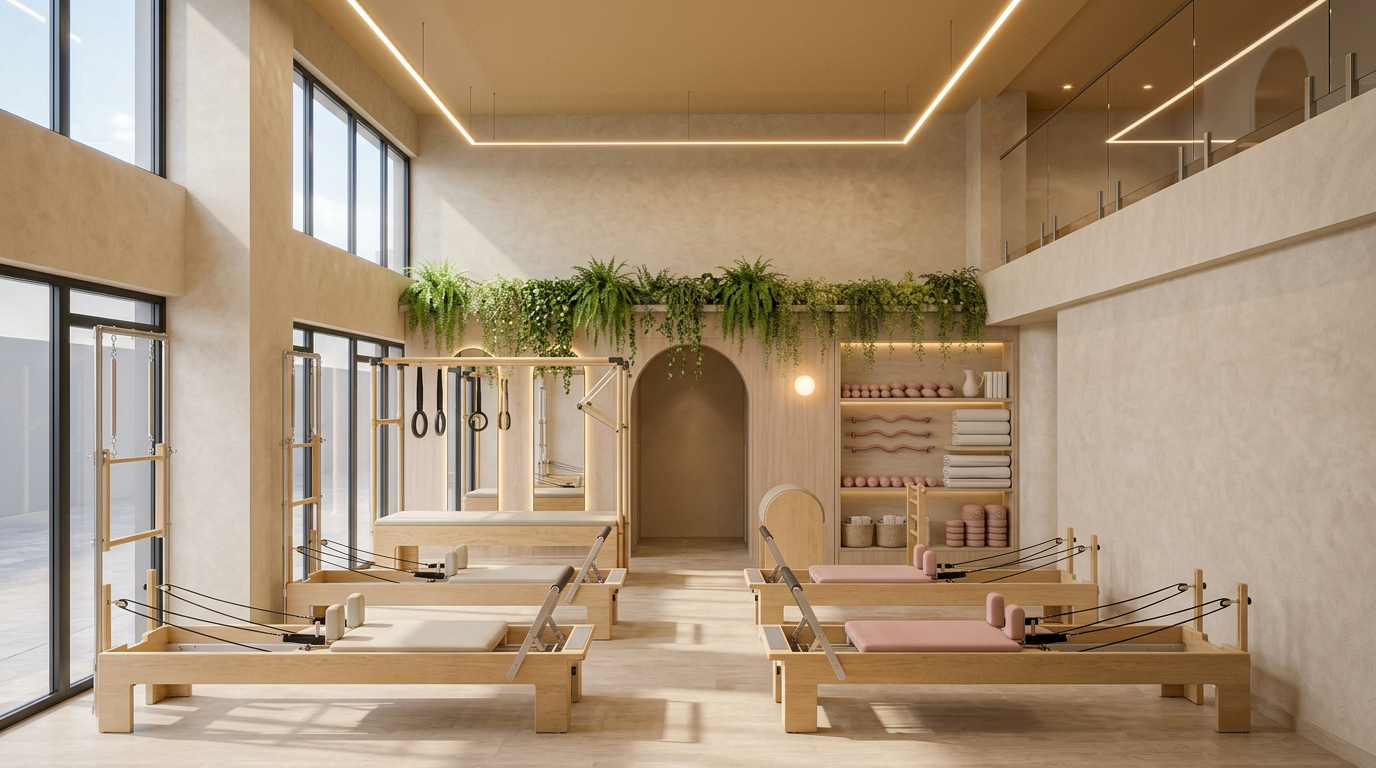 Estúdio de pilates da Vitalité com madeira clara e arcos
